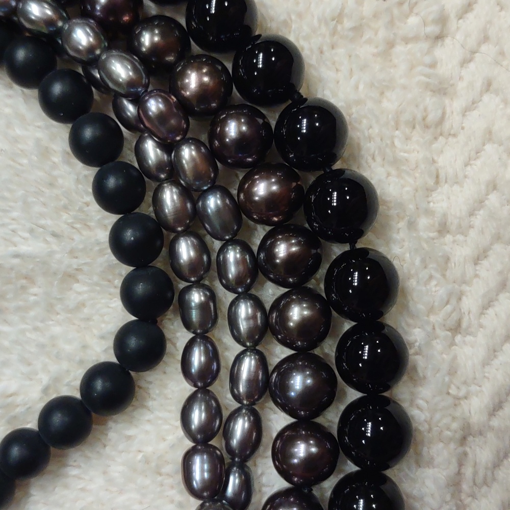 Black Onyx Multi-Strand, Black Gray Pearl Bead Necklace - Picture 8 of 8